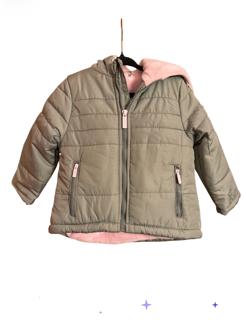 Hunter Kids Sage Green Puffer Jacket with soft Pink Lining NWOT Size 3T